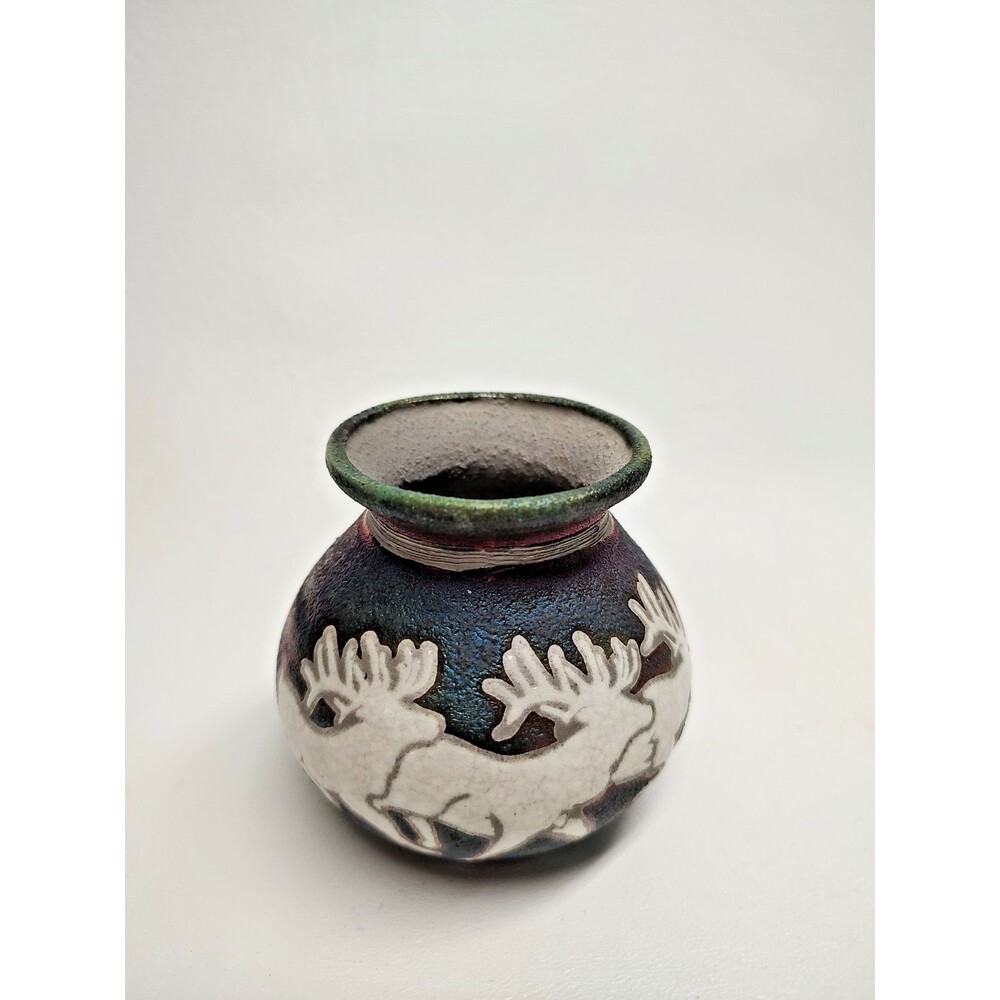 Vintage Jeremy Diller Studio Raku Pottery Elk Vase Miniature 3-1/4" tall